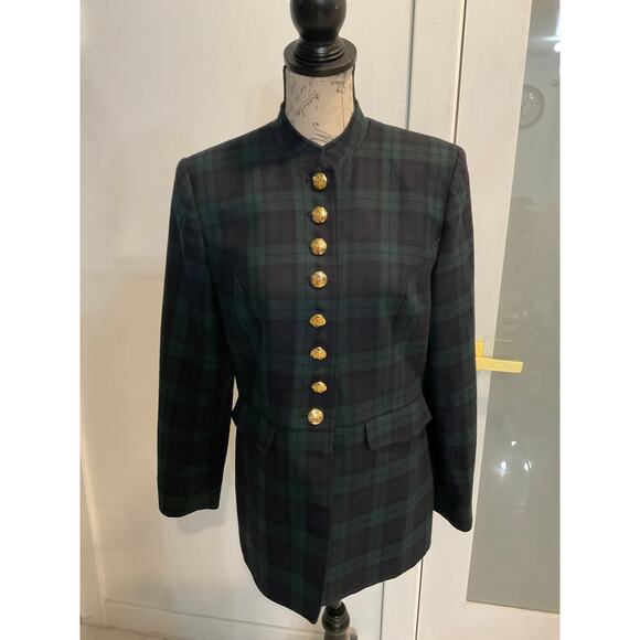 Vtg Talbots Women’s Wool Navy Green Tartan gold buttons military-style blazer 6 - Picture 3 of 16